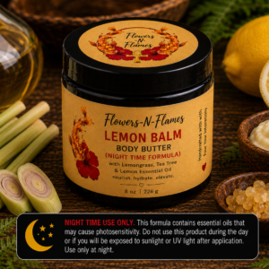 Flowers N Flames Lemon Balm Body Butter (Nighttime Formula) in a black jar with a kraft label, handcrafted with botanical butters, lemongrass, tea tree, and lemon essential oils on a rustic wooden surface.