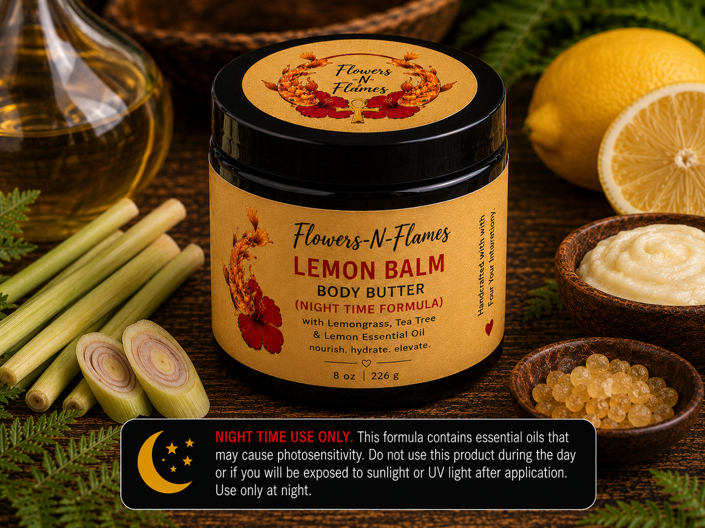 Flowers N Flames Lemon Balm Body Butter (Nighttime Formula) in a black jar with a kraft label, handcrafted with botanical butters, lemongrass, tea tree, and lemon essential oils on a rustic wooden surface.