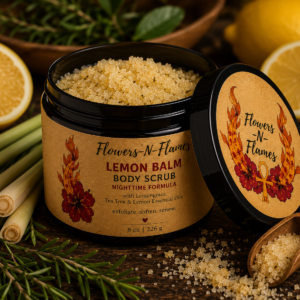 Flowers N Flames Lemon Balm Body Scrub in a black jar with a kraft label, handcrafted with botanical exfoliants, lemongrass, tea tree, and lemon essential oils on a rustic wooden surface.