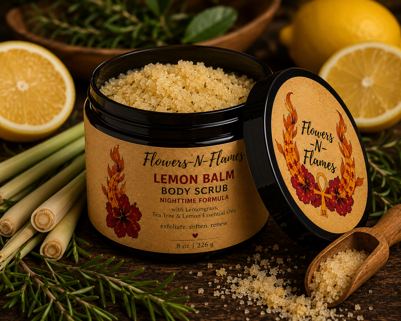 Flowers N Flames Lemon Balm Body Scrub in a black jar with a kraft label, handcrafted with botanical exfoliants, lemongrass, tea tree, and lemon essential oils on a rustic wooden surface.