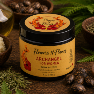Flowers N Flames Archangel Body Butter handcrafted with botanical butters and oils, featuring warm vanilla and delicate rose notes in a luxurious whipped formula.