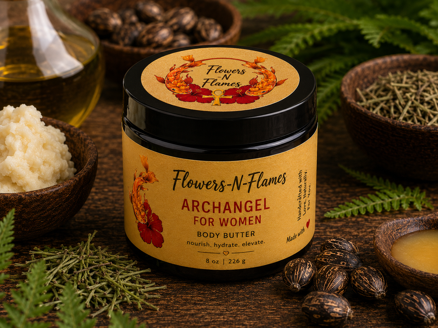 Flowers N Flames Archangel Body Butter handcrafted with botanical butters and oils, featuring warm vanilla and delicate rose notes in a luxurious whipped formula.