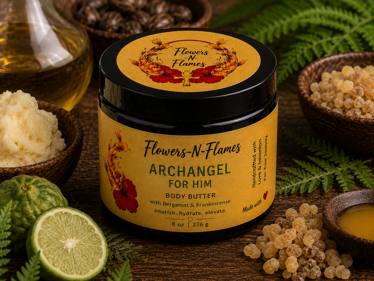 Flowers N Flames Archangel for Him Body Butter in a black jar with a kraft label, handcrafted with botanical butters, bergamot, and frankincense on a rustic wooden surface.