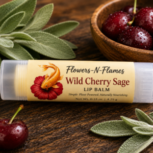 Flowers N Flames Wild Cherry Sage Lip Balm handcrafted with shea butter, wild cherry, and sage on a rustic wooden surface surrounded by fresh cherries and sage leaves.
