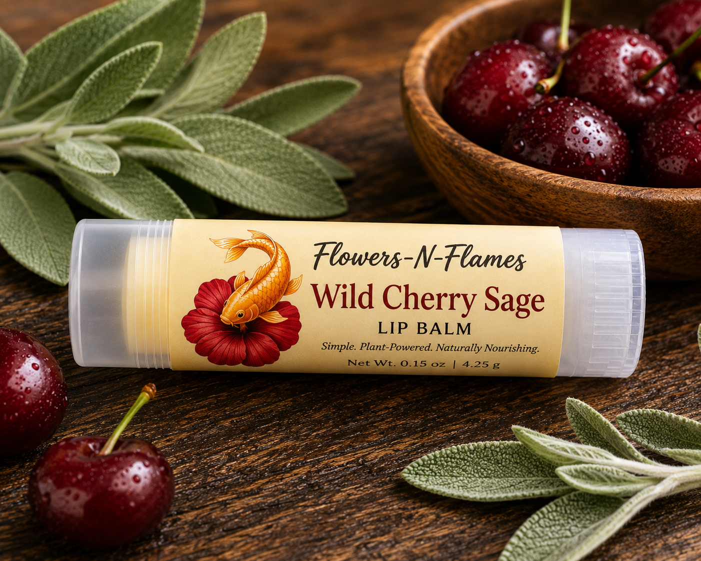 Flowers N Flames Wild Cherry Sage Lip Balm handcrafted with shea butter, wild cherry, and sage on a rustic wooden surface surrounded by fresh cherries and sage leaves.