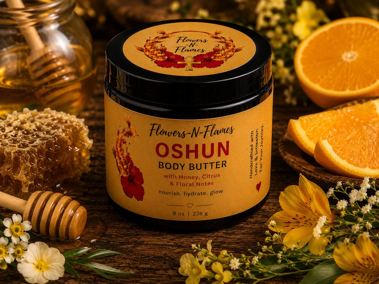 Flowers N Flames Oshun Body Butter in a black jar with a kraft label, handcrafted with botanical butters and a warm honey, citrus, and floral fragrance on a rustic wooden surface.