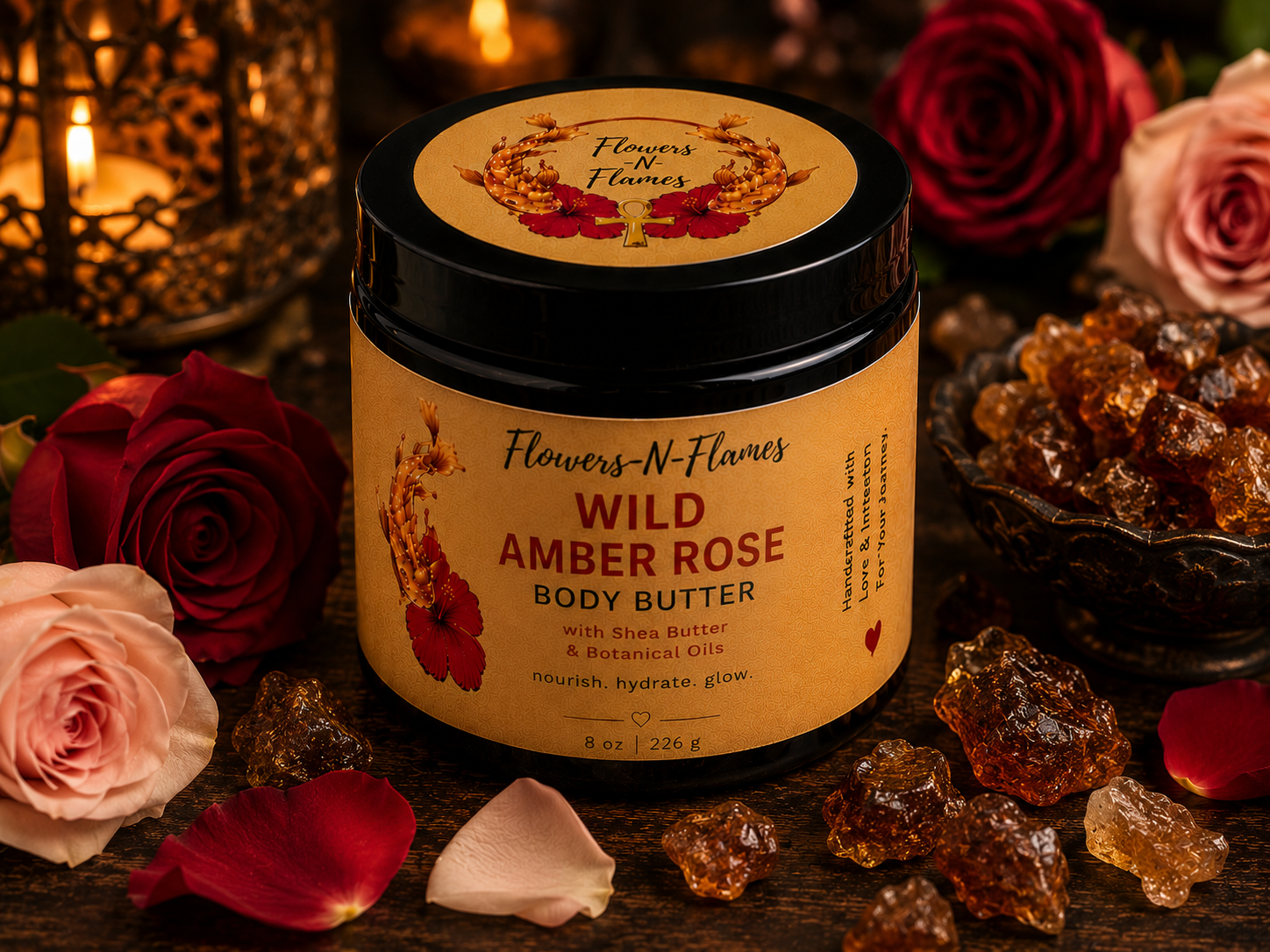 Flowers N Flames Wild Amber Rose Body Butter in a black jar with a kraft label, handcrafted with botanical butters, warm amber, and rose on a rustic wooden surface.