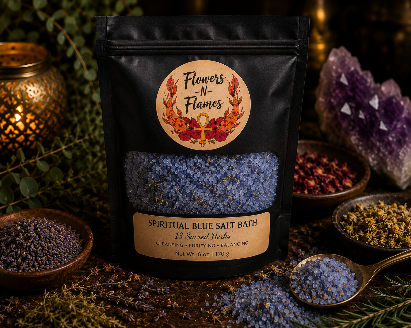 Flowers N Flames Spiritual Blue Salt Bath in a black pouch with a kraft label featuring botanical herbs, mineral salts, and blue bath crystals arranged on a rustic wooden surface.