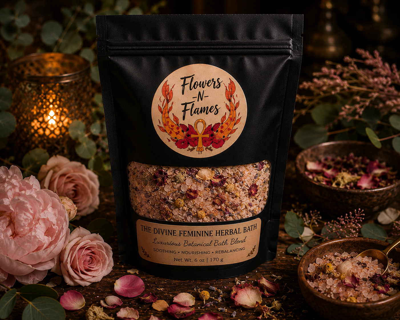 Flowers N Flames Divine Feminine Herbal Bath in a matte black stand-up pouch with a kraft label, surrounded by pink flowers, rose petals, botanical herbs, and warm candlelight on a rustic wooden surface.