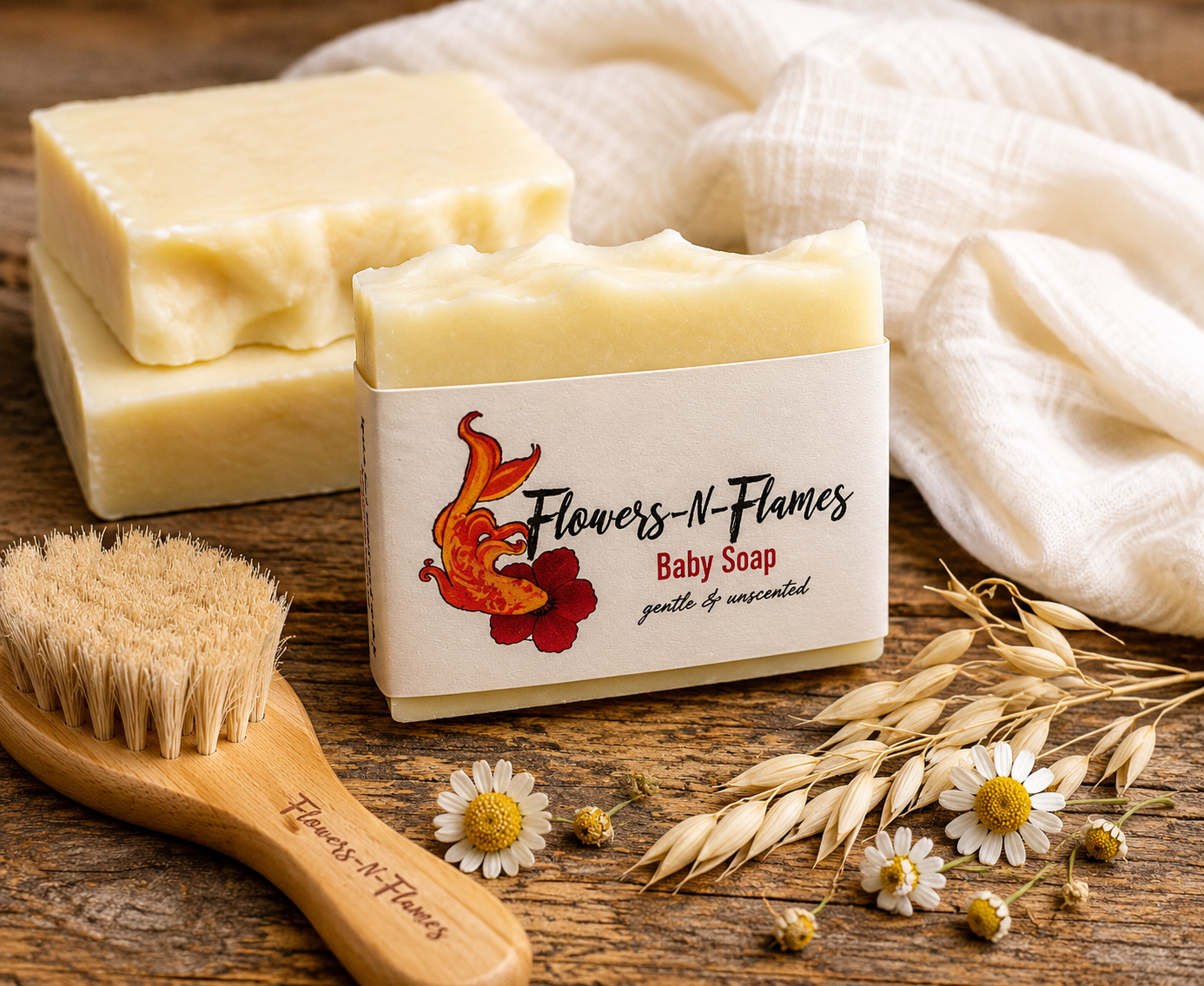 Handcrafted Flowers N Flames Baby Soap resting on a rustic wooden surface beside a soft white towel, oats, chamomile flowers, and natural botanicals, wrapped in the signature kraft label.