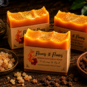 Flowers N Flames Serengeti Gold Soap resting on a rustic wooden surface beside frankincense resin, myrrh, warm amber accents, and botanical elements, wrapped in the signature kraft paper label.