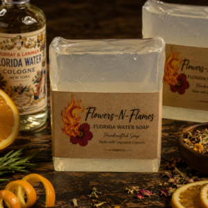 Handcrafted Flowers N Flames Florida Water Soap displayed on a rustic wooden surface with fresh oranges, citrus slices, Florida Water, and botanical accents surrounding the clear vegetable glycerin bar.
