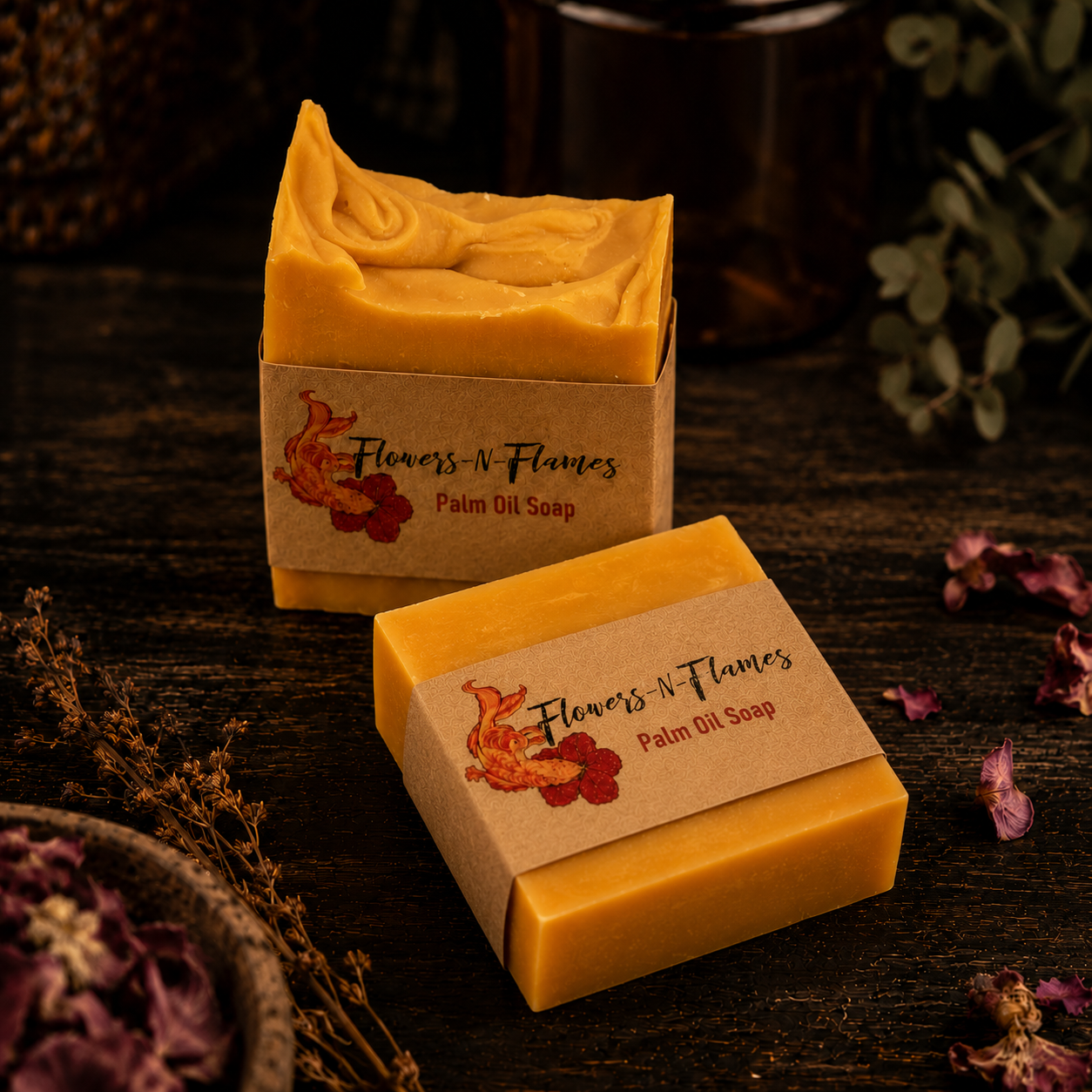 Handcrafted Flowers N Flames Palm Oil Soap bar made with palm oil for a creamy, moisturizing cleanse.