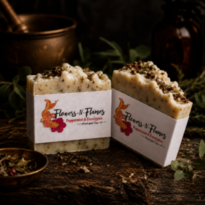 Handcrafted Flowers N Flames Peppermint and Eucalyptus Soap made with crushed botanical leaves and a fresh herbal fragrance.