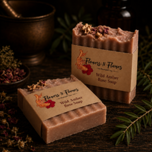 Handcrafted Flowers N Flames Wild Amber Rose Soap made with shea butter and cocoa butter and scented with rose, jasmine, amber, and sandalwood.