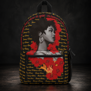 Lost One black backpack featuring a grayscale Black woman portrait, red hibiscus flowers, gold Flowers N Flames print, and flame artwork.