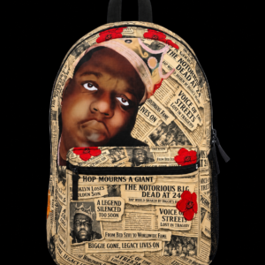 Legacy Lives On backpack with crowned portrait, vintage newspaper collage, red blooms, and black trim against a black background.