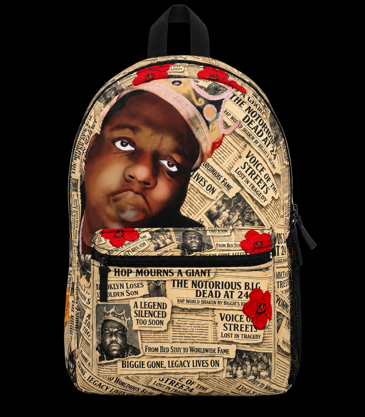 Legacy Lives On backpack with crowned portrait, vintage newspaper collage, red blooms, and black trim against a black background.